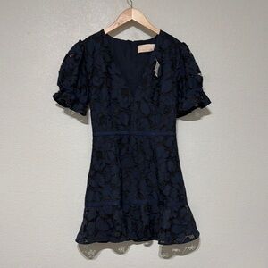 NWT Keepsake Honour Mini Dress Navy Black Floral Lace Puff Sleeves Lined